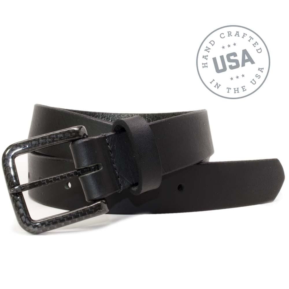 1⅜ inches (35 mm) black strap leather belt with square black buckle. Made in USA