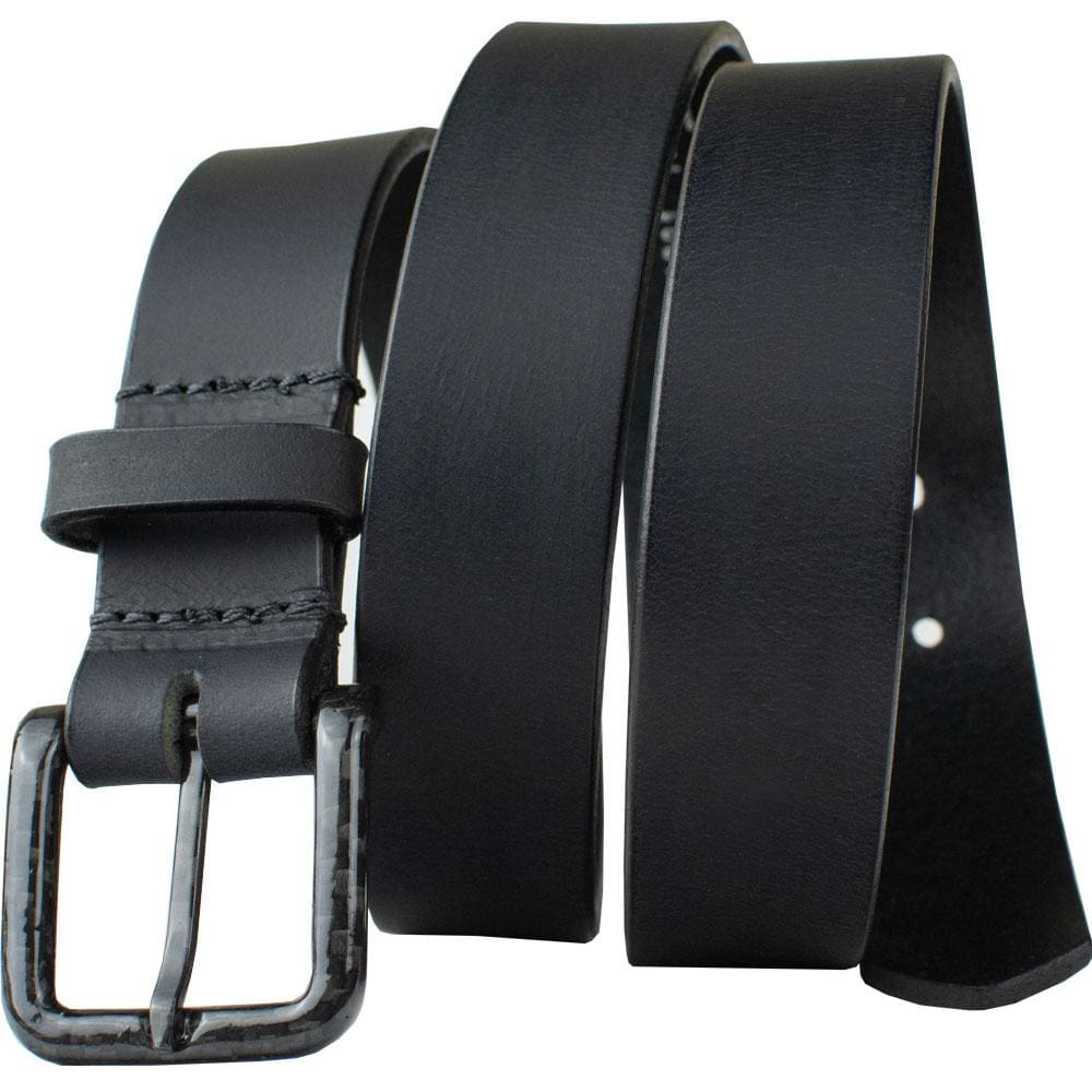 Image of Black leather belt with black carbon fiber buckle. TSA Friendly. No Metal Belt