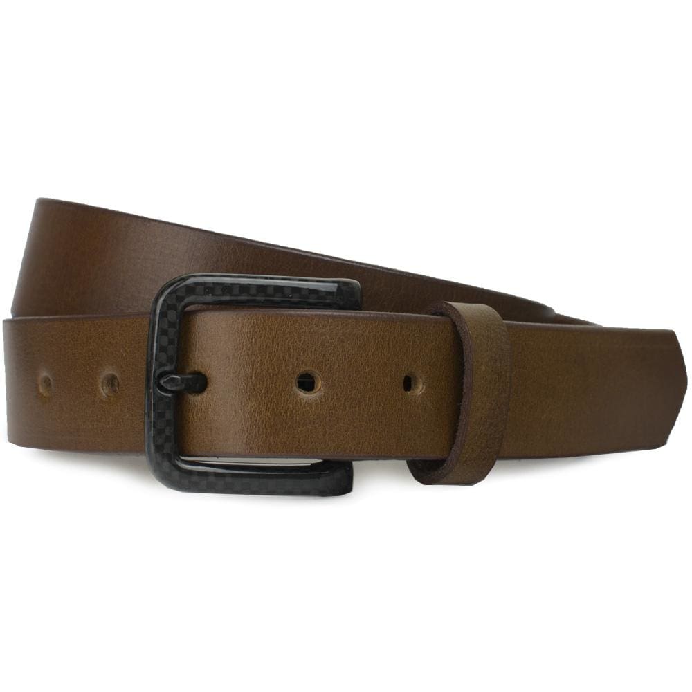 Tan leather strap is 1⅜ inches (35 mm) with square black carbon fiber buckle. USA made