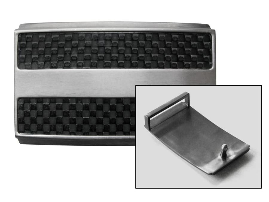 Titanium-Carbon Fiber Buckle. Titanium belt buckle, carbon fiber accents, inset of hook on back