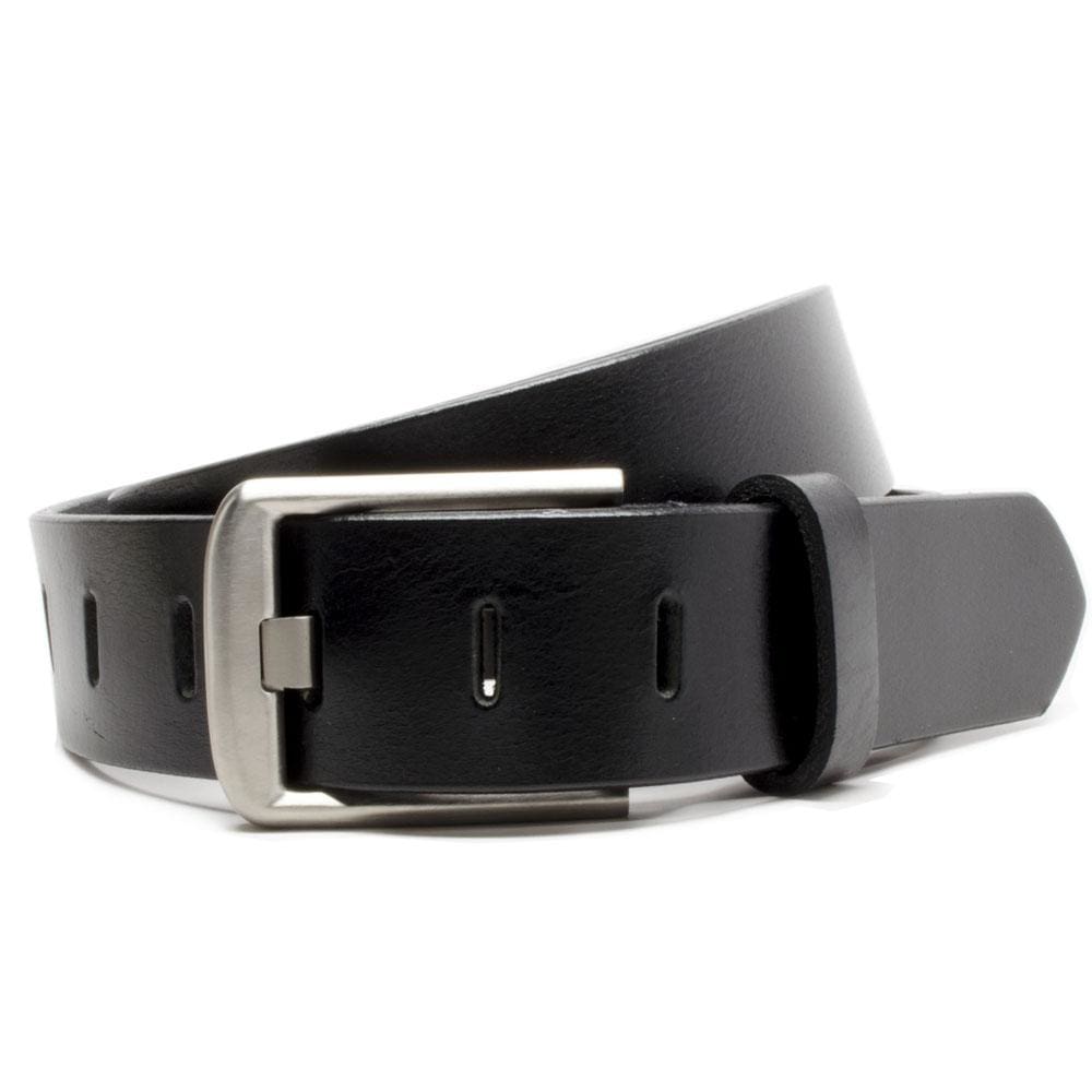 Titanium Wide Pin Black Belt. Solid leather strap, with square titanium buckle and wide pin holes