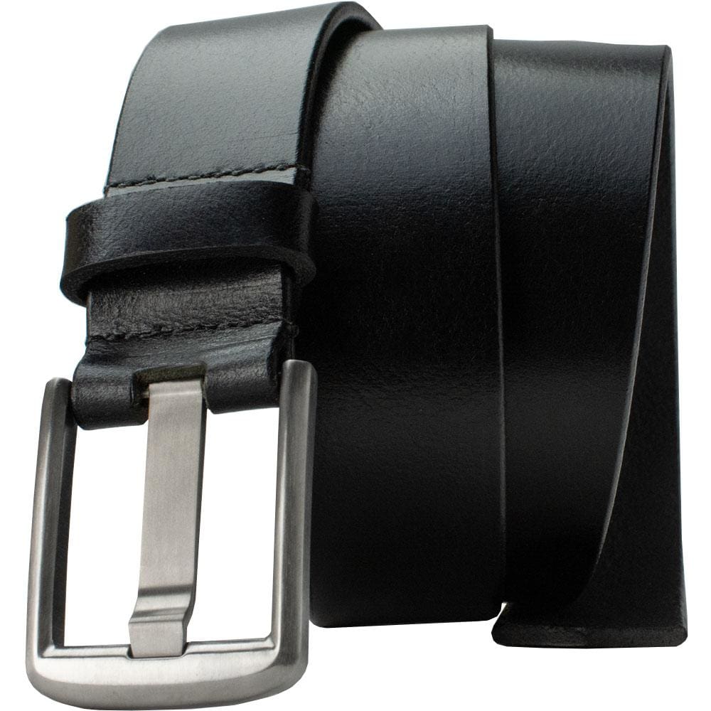 Titanium Wide Pin Black Belt by Nickel Smart. Unique wide pin buckle with sleek black leather strap