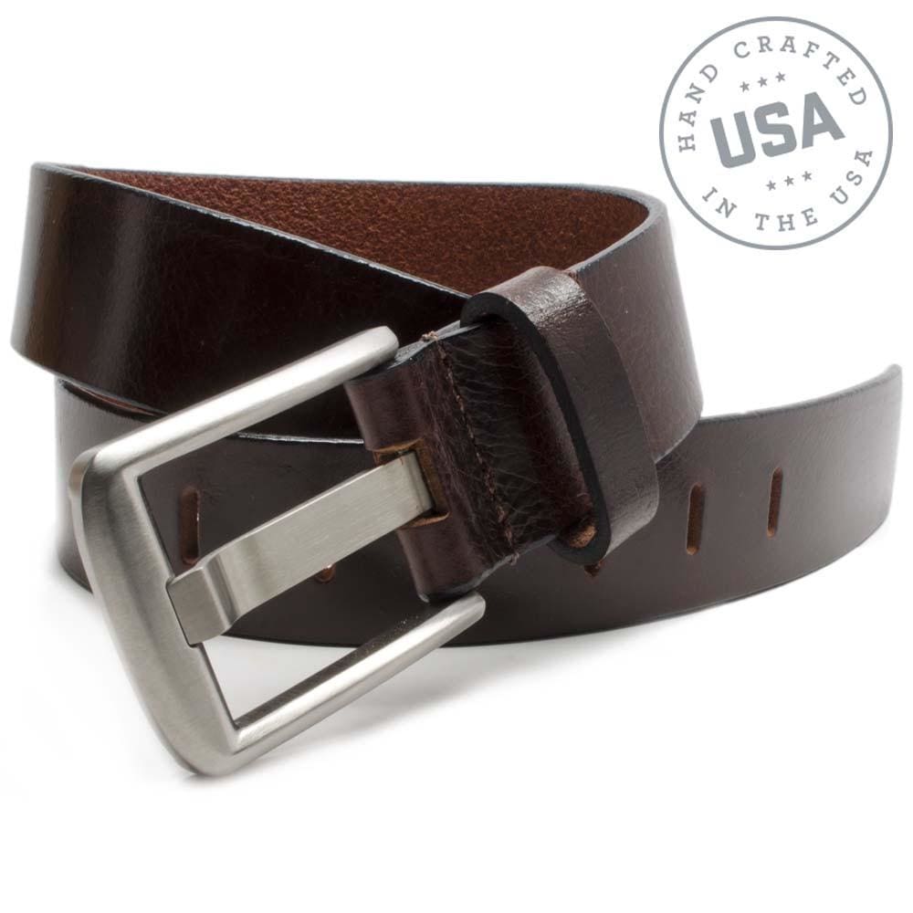 Titanium Wide Pin Brown Belt by Nickel Smart. Handcrafted in the USA. Pure titanium buckle.