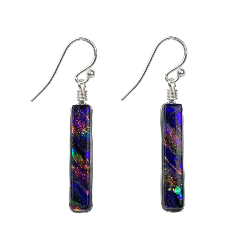 Purple dichroic glass in slender rectangle shape. Silver French hooks. 1.75 inches long.