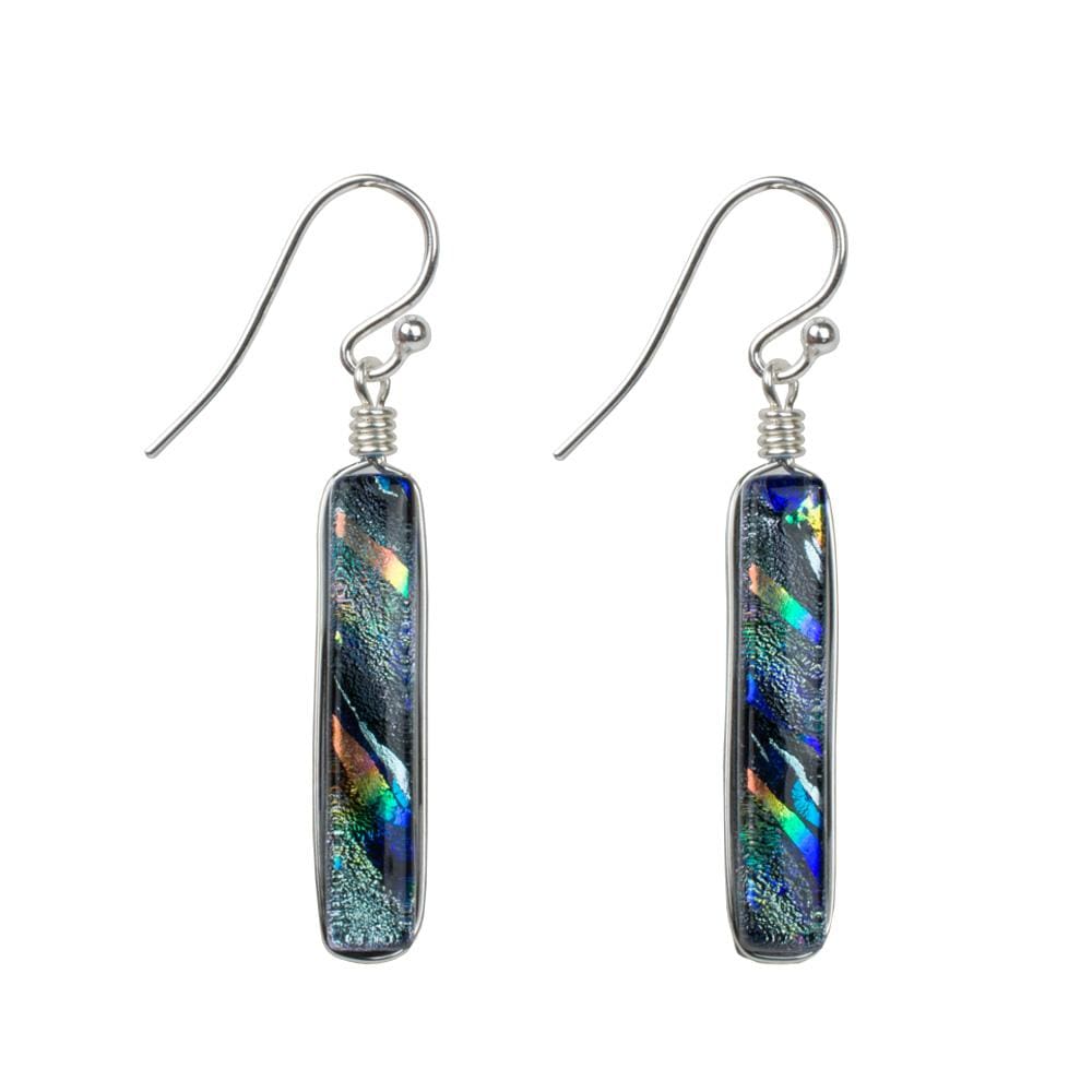 Silver dichroic glass with mix of blue, red, orange. rectangular glass. 1.75 inch drop. French hook