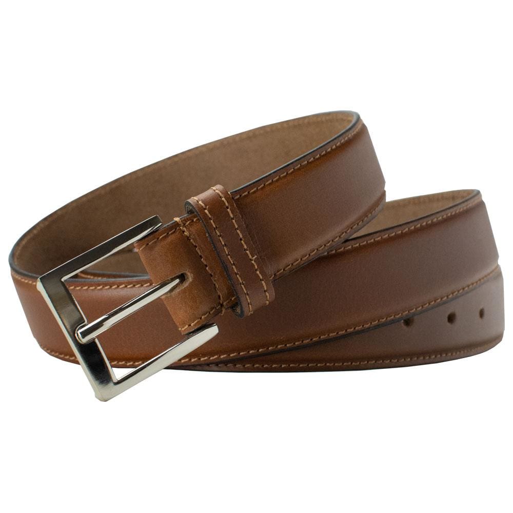 Uptown Tan Belt. Caramel-y tan leather strap with single stitched edges. Square, polished buckle.