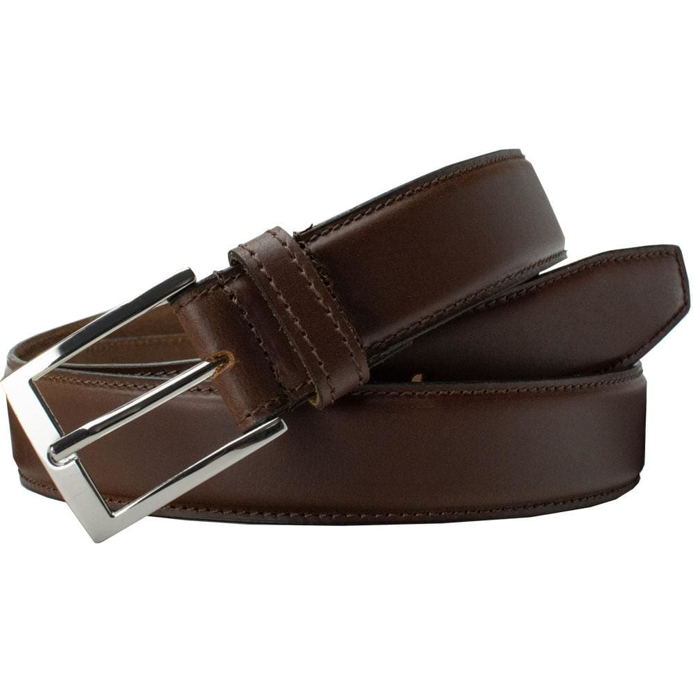 Uptown Brown Belt. Hypoallergenic square polished buckle. Rich brown leather with domed center