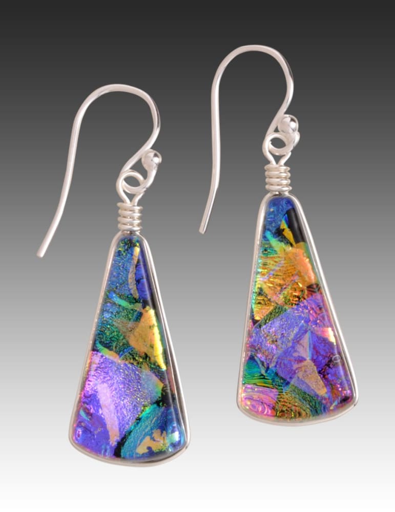 Silver French hooks with multicolored fan shaped glass. 1.5 inch drop earrings