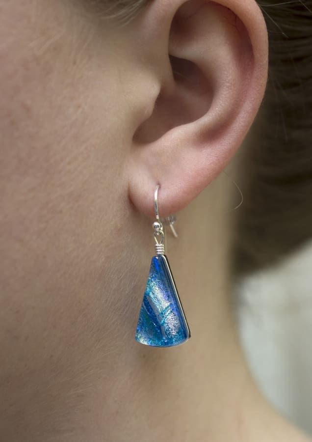 Brilliant blue and silver dichroic glass. fan shaped. Silver French hooks. 1.5 inch drop earrings.