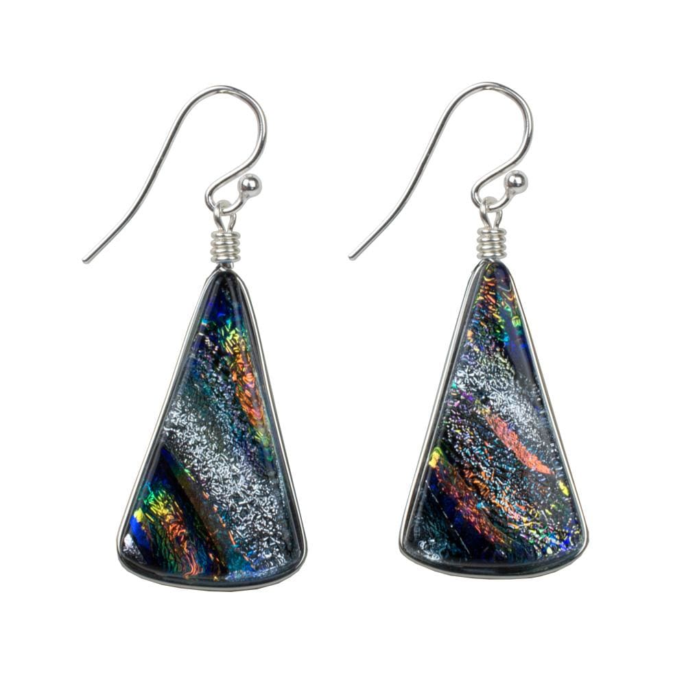 Silver dichroic glass mixed with red, blue, and orange. Silver French hooks. 1.5 inch drop earring.